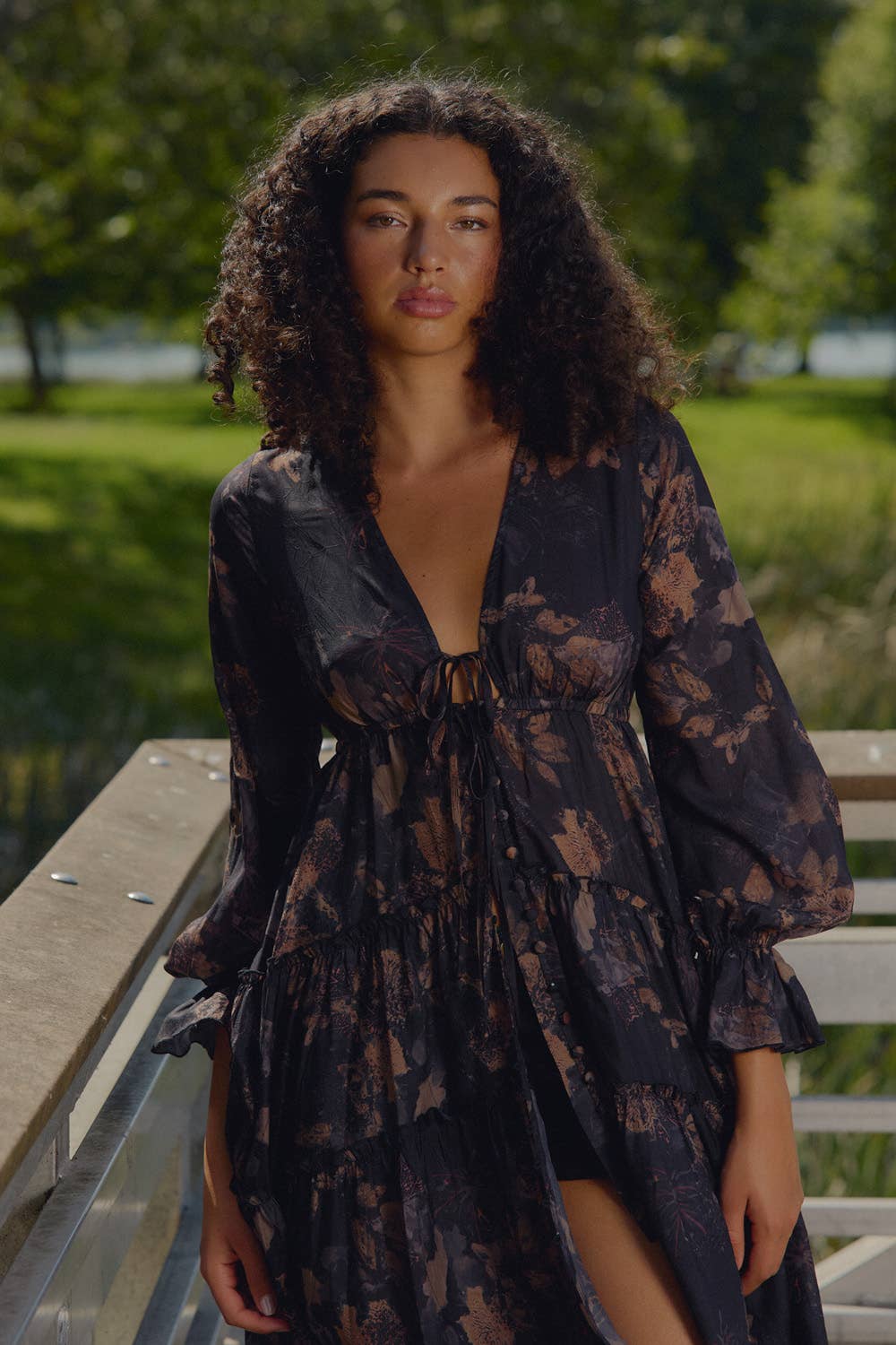 Floral Chiffon Ruffled Trumpet-Sleeve High-Low Midi Dress | Promesa