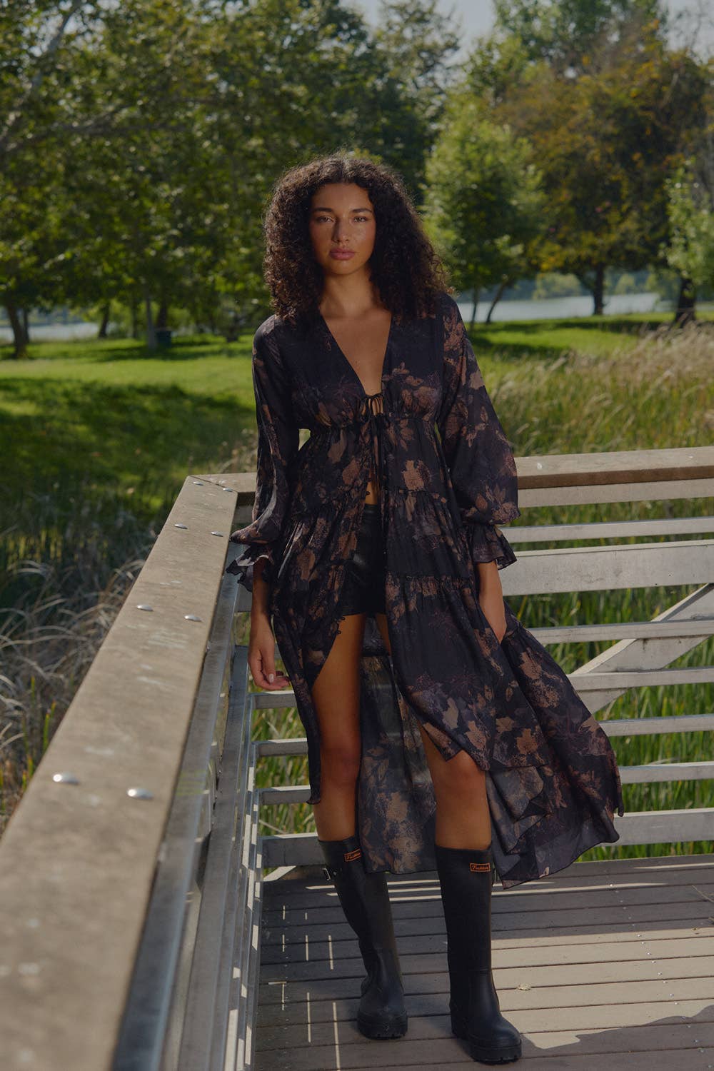 Floral Chiffon Ruffled Trumpet-Sleeve High-Low Midi Dress | Promesa