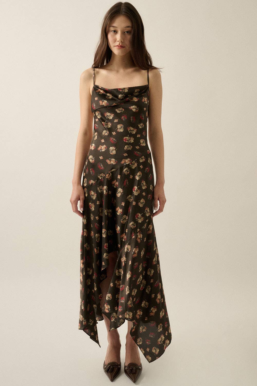 Floral Satin Asymmetrical Cowl-Neck Open-Back Maxi Dress | Promesa