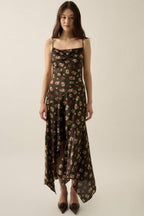 Floral Satin Asymmetrical Cowl-Neck Open-Back Maxi Dress | Promesa