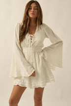 Cotton Gauze Lace-Up V-Neck Bell-Sleeve Ribbon-Trim Romper | Promesa