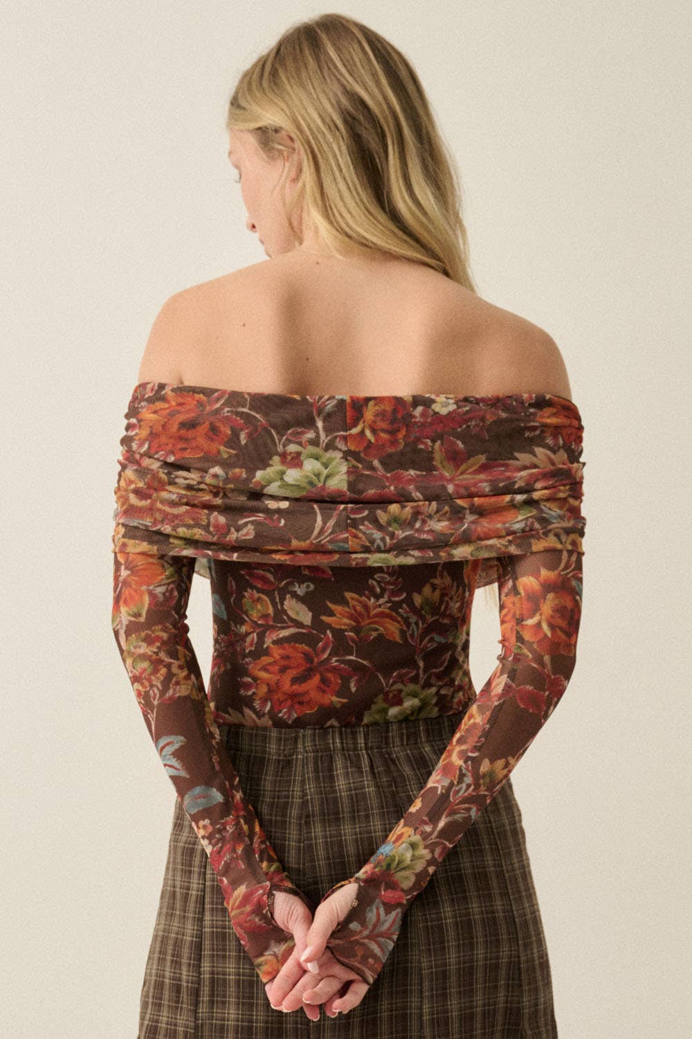 Floral-Print Mesh Foldover Off-Shoulder Bodysuit Chocolate | Promesa