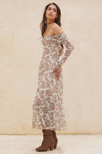 Floral Mesh Off-Shoulder Drop-Waist Midi Dress