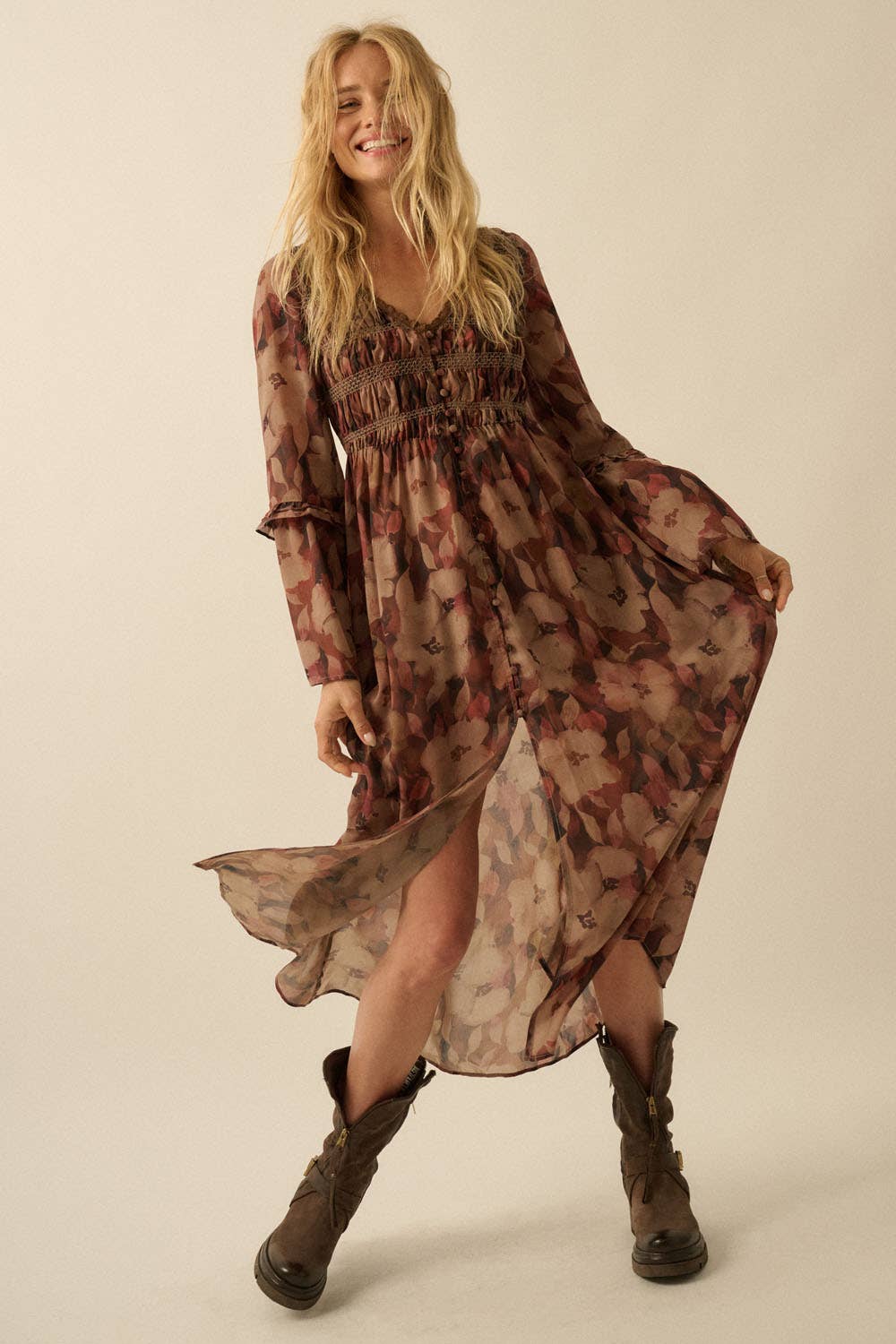 Floral-Print Bell-Sleeve Smocked Midi Dress | Promesa