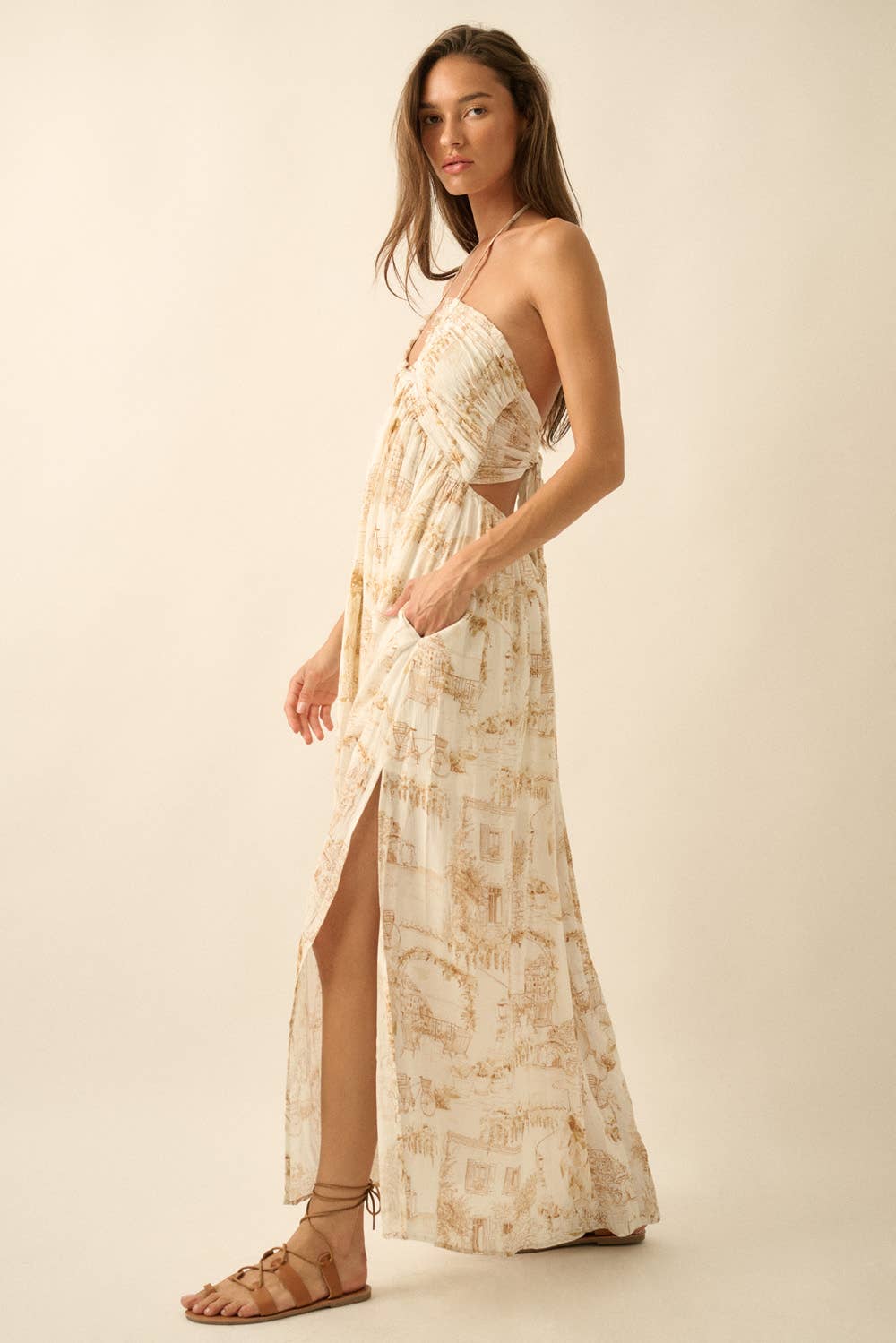 Scenic-Print Toile Tie-Back Halter Maxi Dress | Promesa