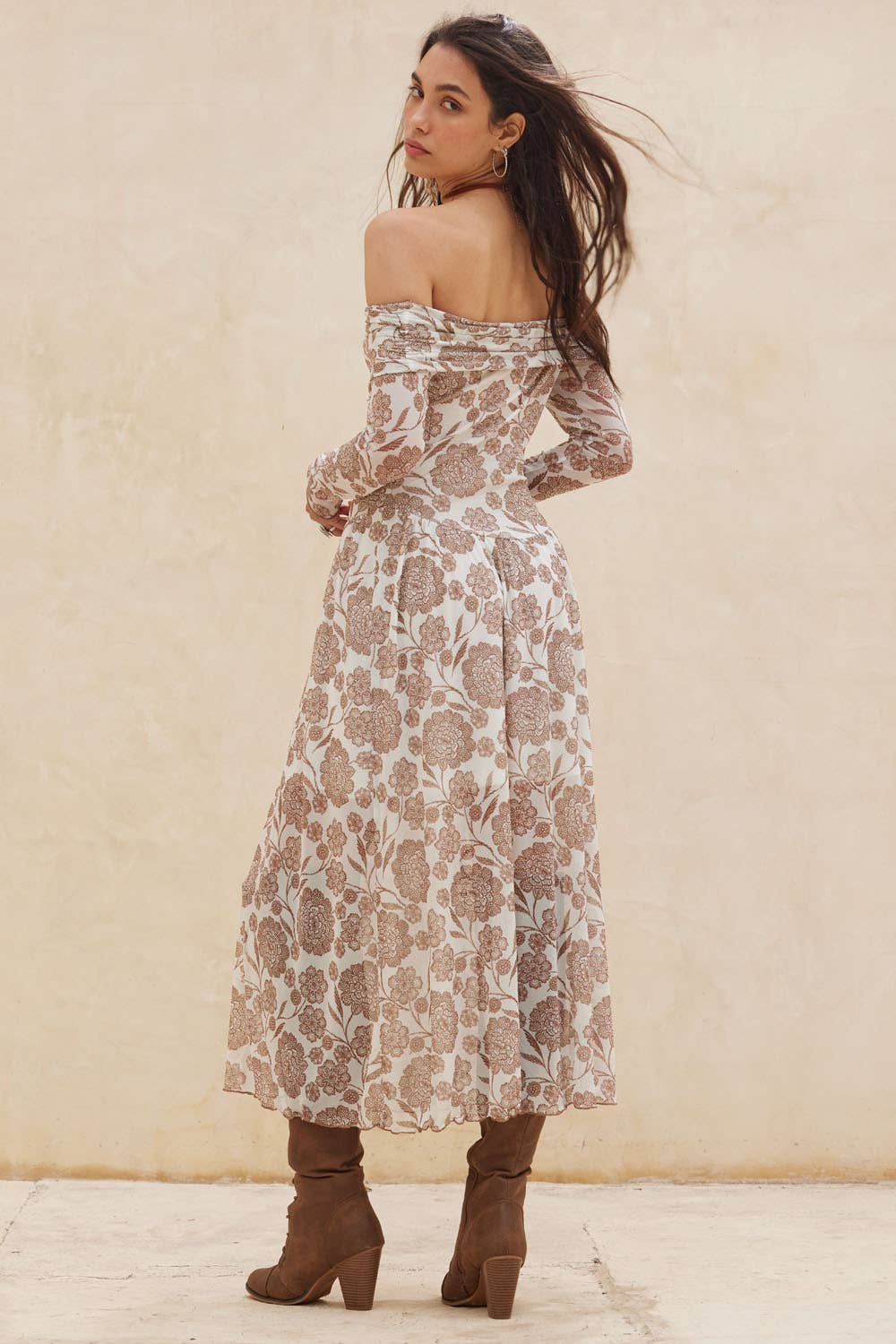 Floral Mesh Off-Shoulder Drop-Waist Midi Dress