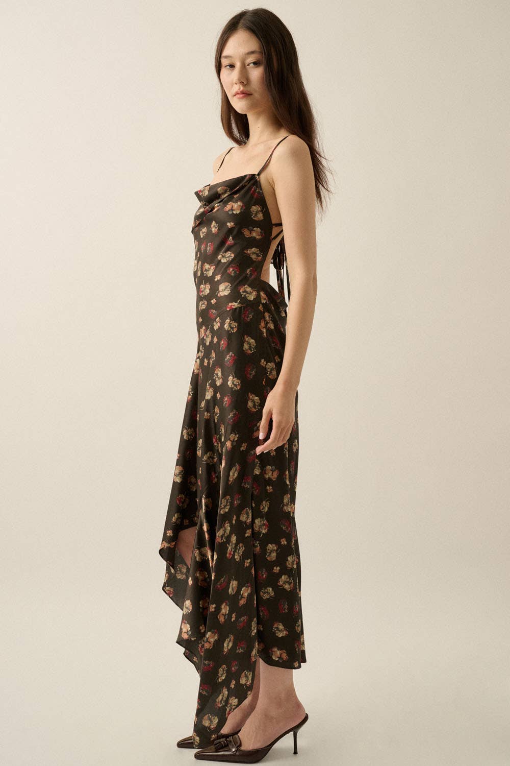 Floral Satin Asymmetrical Cowl-Neck Open-Back Maxi Dress | Promesa