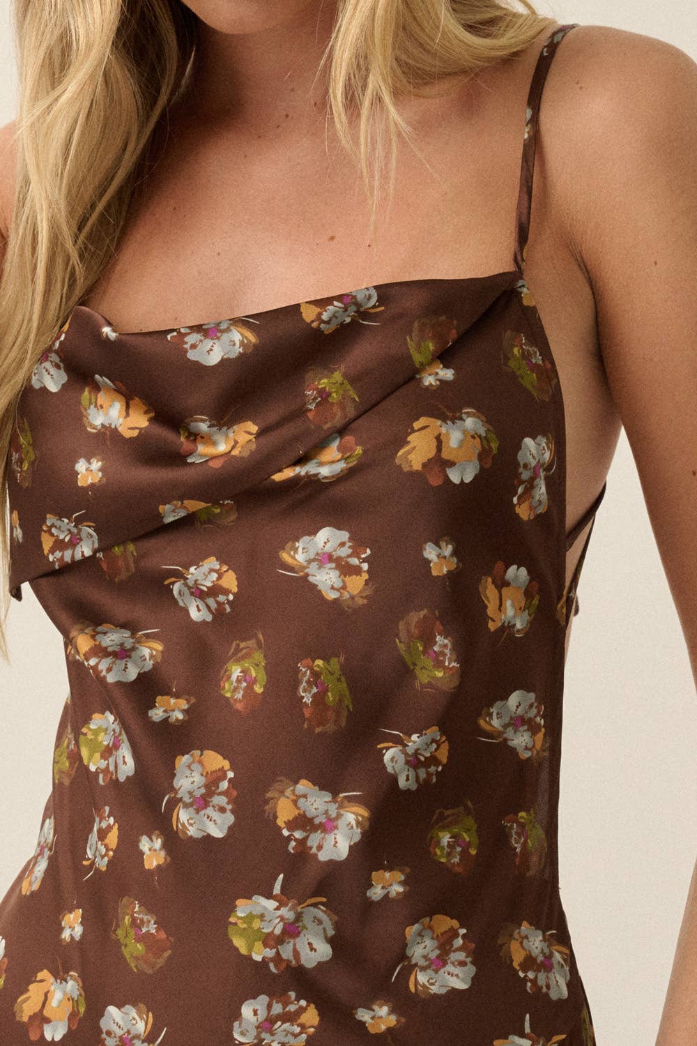 Floral Satin Asymmetrical Cowl-Neck Open-Back Maxi Dress | Promesa