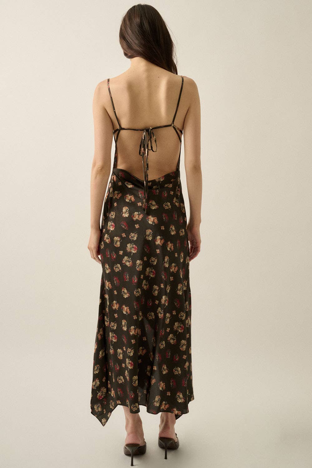 Floral Satin Asymmetrical Cowl-Neck Open-Back Maxi Dress | Promesa