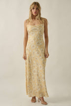 Floral-Print Satin Open-Back Lace-Up Maxi Dress | Promesa