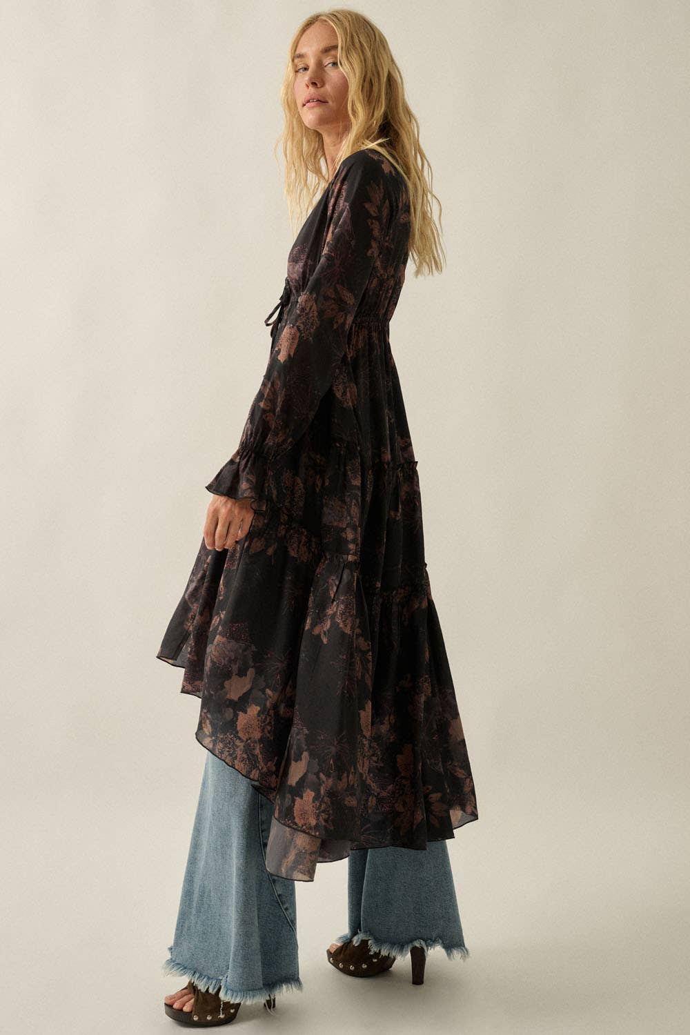 Floral Chiffon Ruffled Trumpet-Sleeve High-Low Midi Dress | Promesa