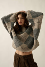 Argyle Plaid Knit Loose-Fit Dolman-Sleeve Sweater Grey | Promesa