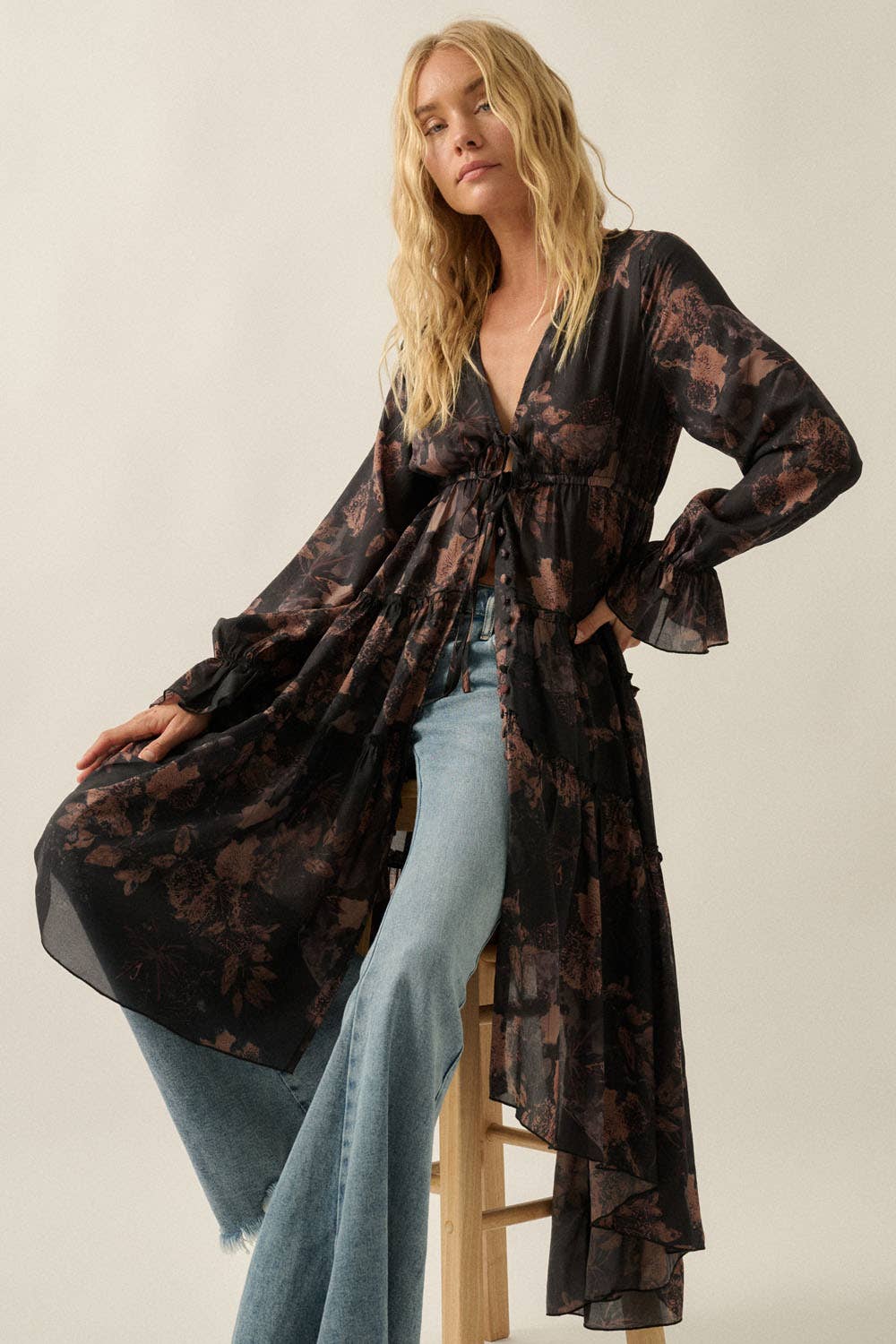 Floral Chiffon Ruffled Trumpet-Sleeve High-Low Midi Dress | Promesa