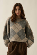 Argyle Plaid Knit Loose-Fit Dolman-Sleeve Sweater Grey | Promesa