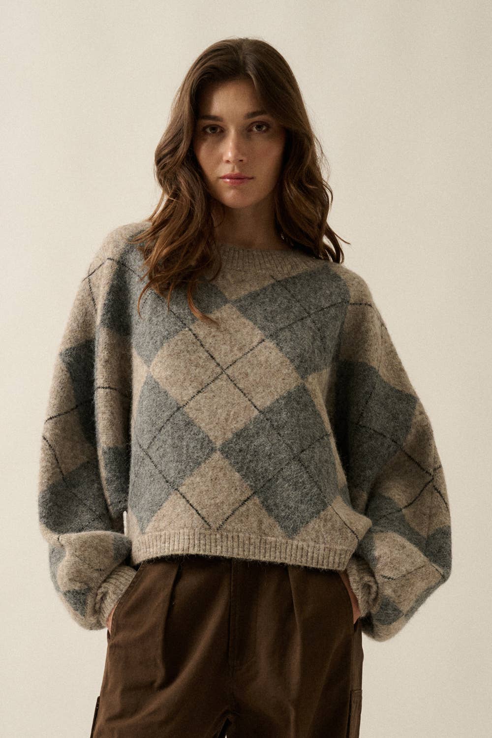 Argyle Plaid Knit Loose-Fit Dolman-Sleeve Sweater Grey | Promesa