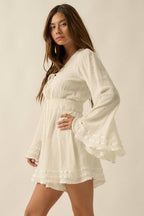 Cotton Gauze Lace-Up V-Neck Bell-Sleeve Ribbon-Trim Romper | Promesa