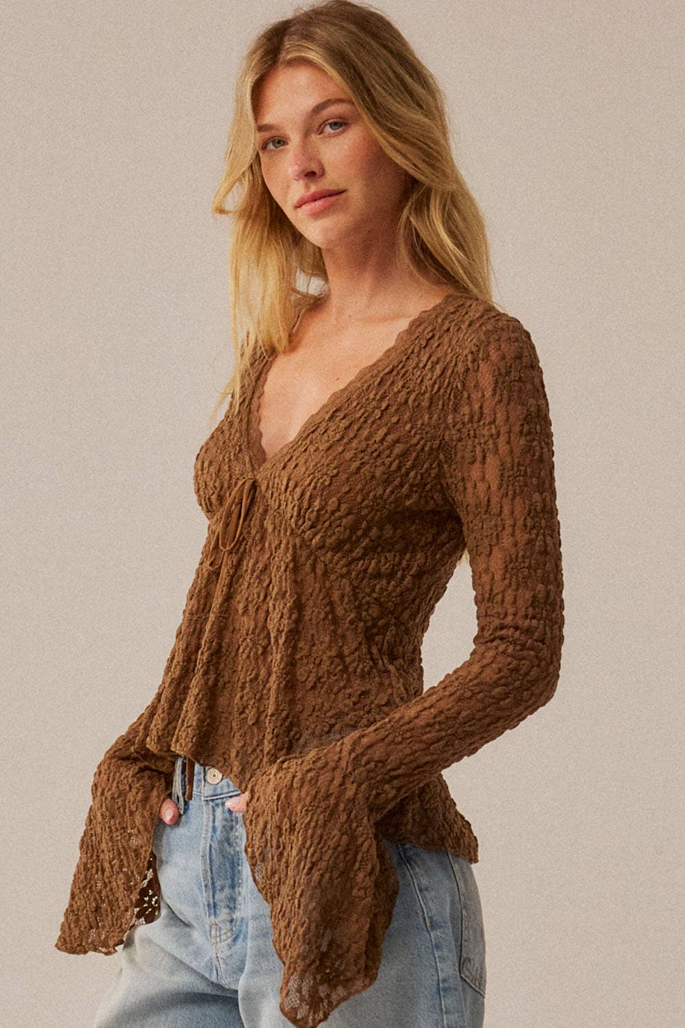 Floral Lace V-Neck Bell-Sleeve Empire-Waist Top | Promesa