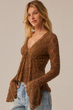 Floral Lace V-Neck Bell-Sleeve Empire-Waist Top | Promesa