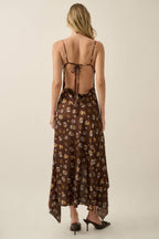 Floral Satin Asymmetrical Cowl-Neck Open-Back Maxi Dress | Promesa