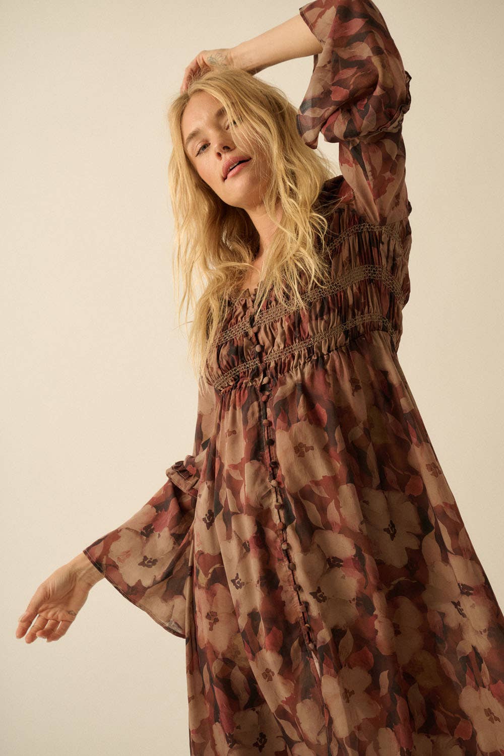 Floral-Print Bell-Sleeve Smocked Midi Dress | Promesa