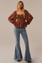 Floral-Print Sweetheart Smocked Peplum Peasant Top Olive | Promesa