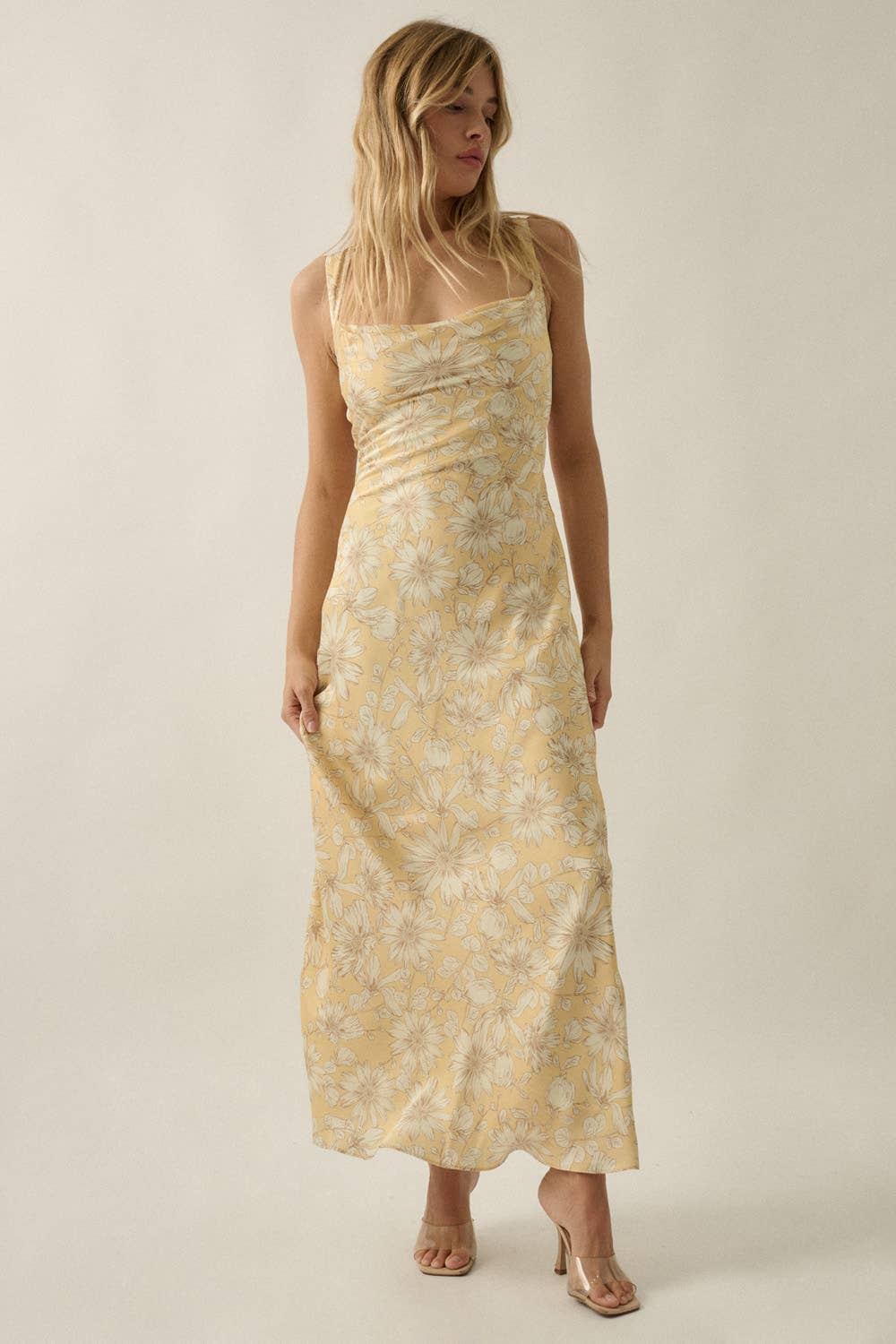 Floral-Print Satin Open-Back Lace-Up Maxi Dress | Promesa