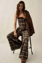 Plaid Flannel Wide-Leg Overall Jumpsuit | Promesa