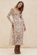Floral Mesh Off-Shoulder Drop-Waist Midi Dress