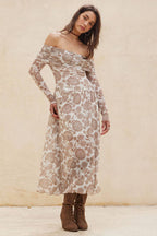 Floral Mesh Off-Shoulder Drop-Waist Midi Dress