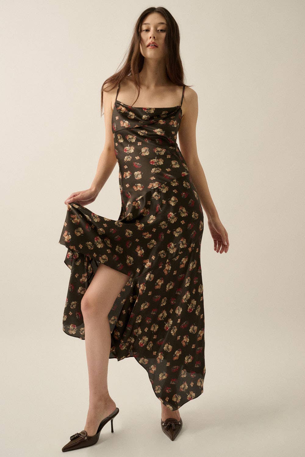 Floral Satin Asymmetrical Cowl-Neck Open-Back Maxi Dress | Promesa