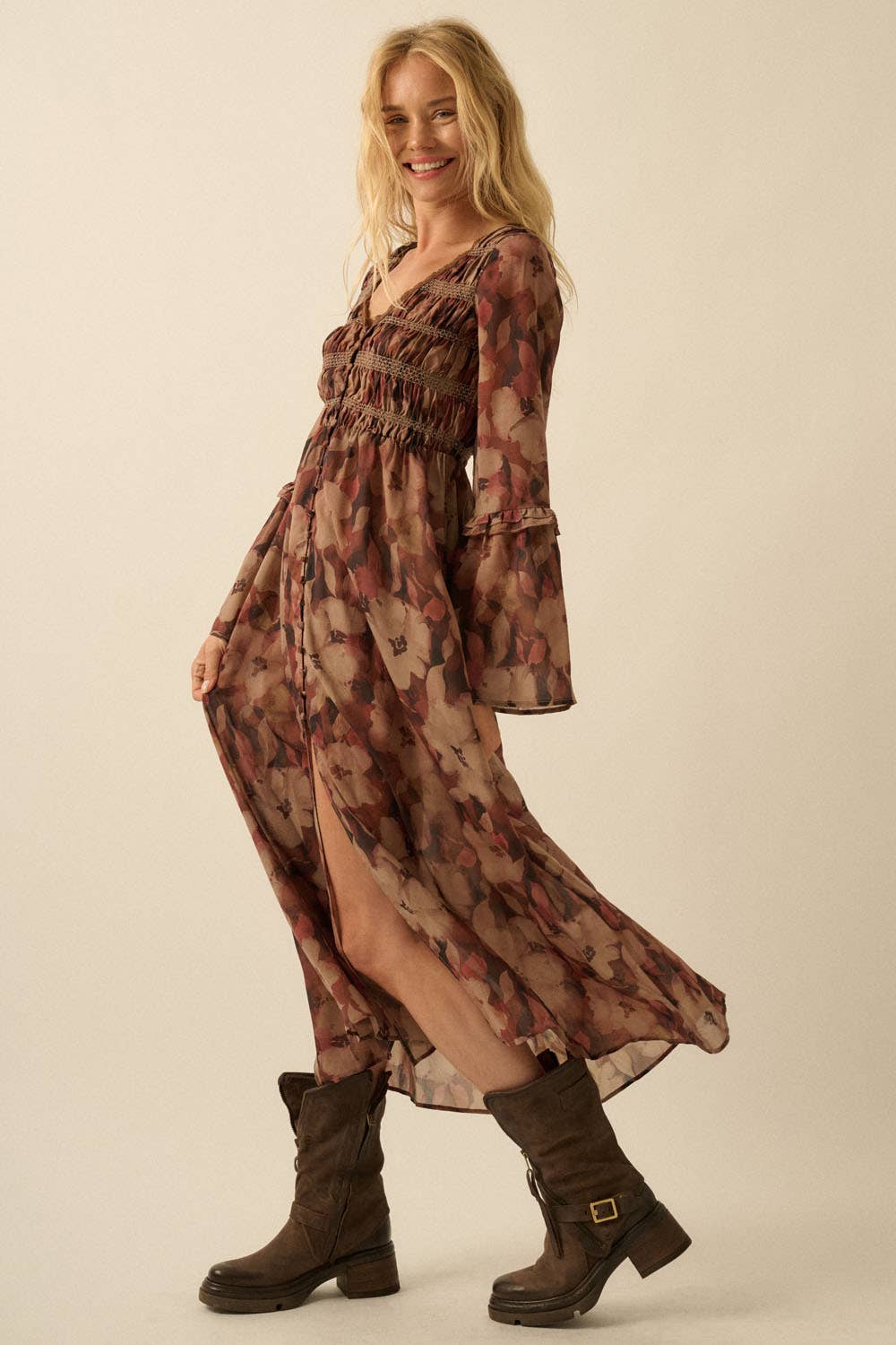 Floral-Print Bell-Sleeve Smocked Midi Dress | Promesa