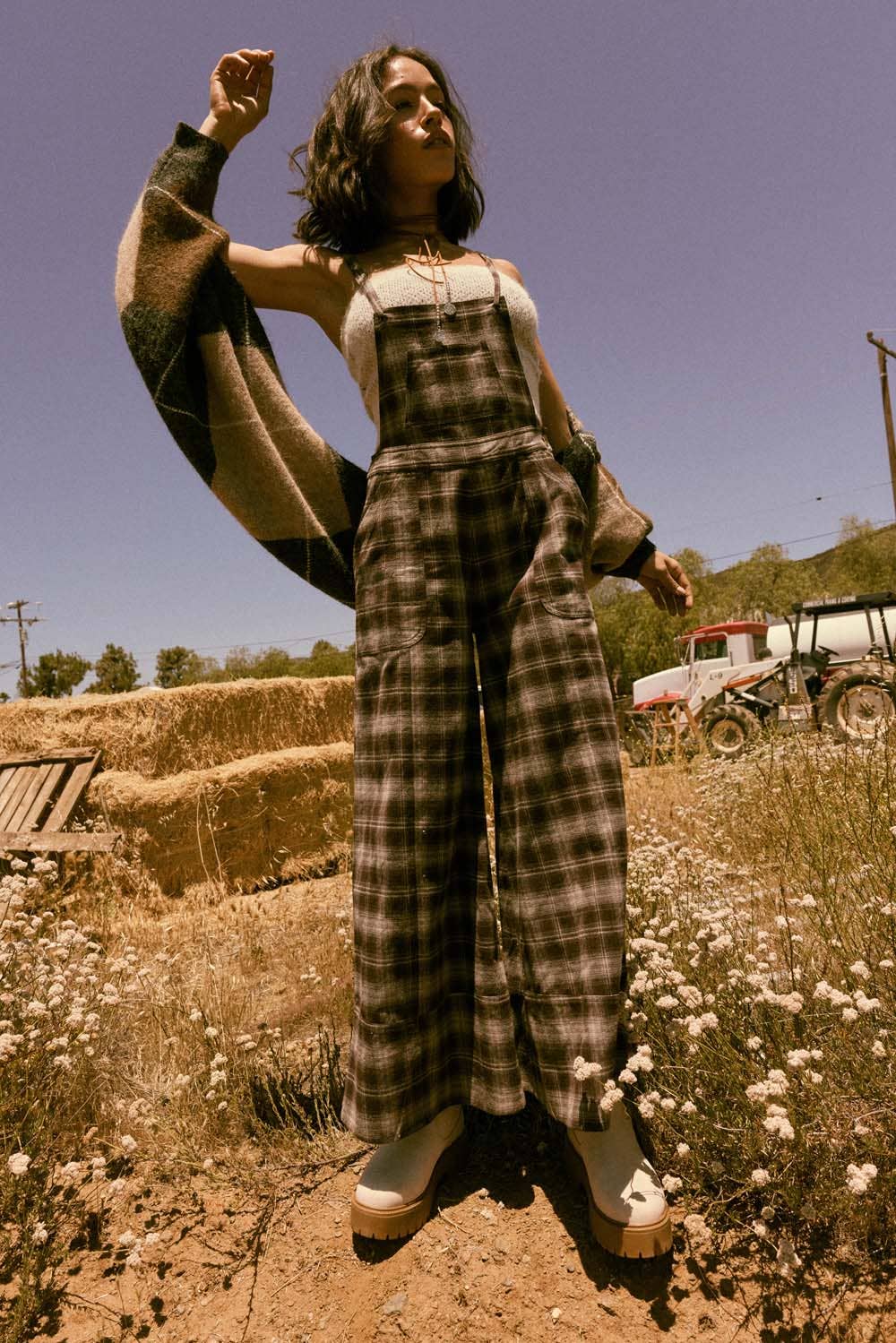 Plaid Flannel Wide-Leg Overall Jumpsuit | Promesa
