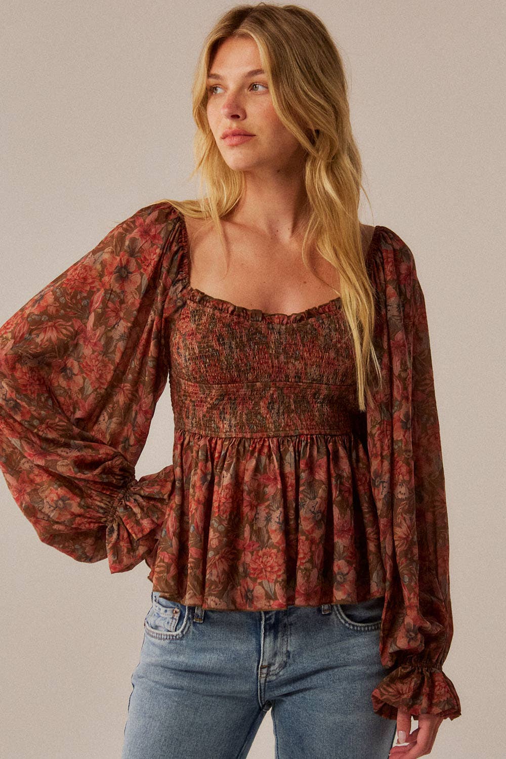 Floral-Print Sweetheart Smocked Peplum Peasant Top Olive | Promesa