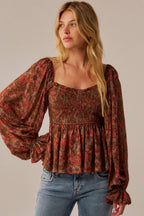 Floral-Print Sweetheart Smocked Peplum Peasant Top Olive | Promesa