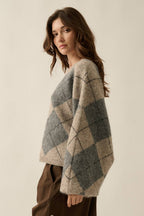 Argyle Plaid Knit Loose-Fit Dolman-Sleeve Sweater Grey | Promesa