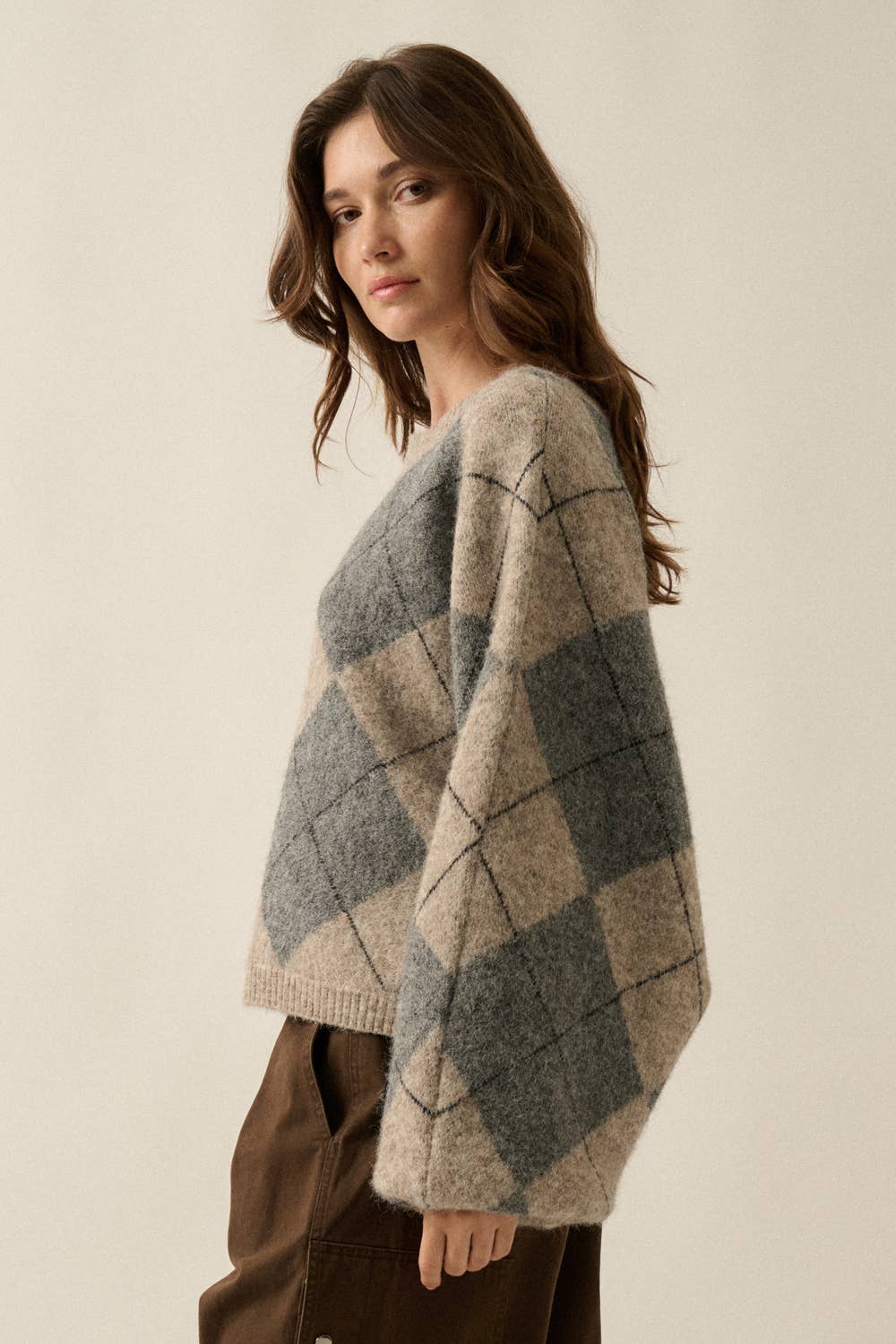 Argyle Plaid Knit Loose-Fit Dolman-Sleeve Sweater Grey | Promesa