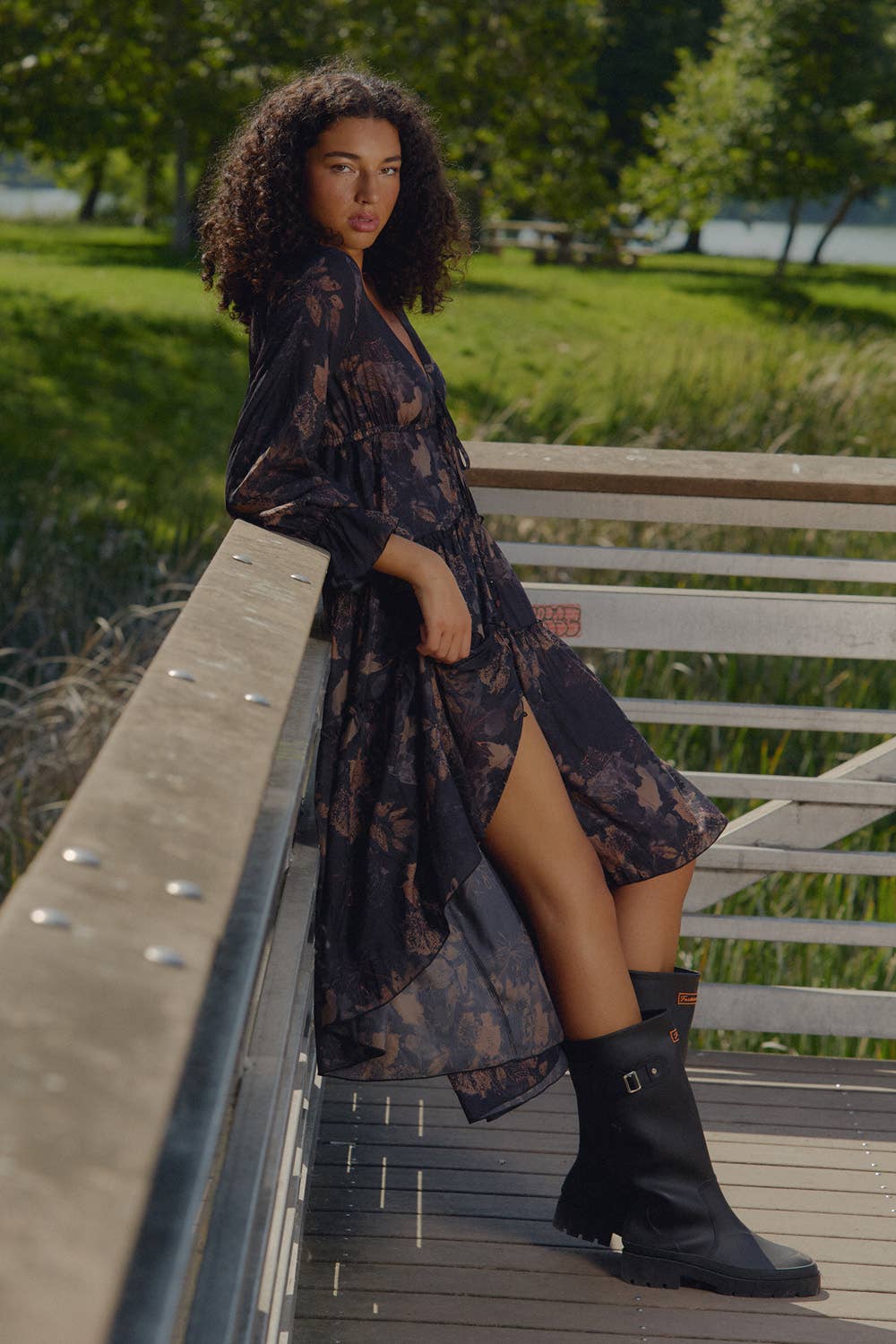 Floral Chiffon Ruffled Trumpet-Sleeve High-Low Midi Dress | Promesa