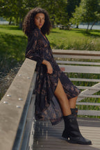Floral Chiffon Ruffled Trumpet-Sleeve High-Low Midi Dress | Promesa