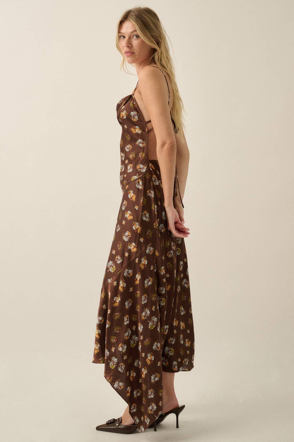 Floral Satin Asymmetrical Cowl-Neck Open-Back Maxi Dress | Promesa