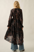 Floral Chiffon Ruffled Trumpet-Sleeve High-Low Midi Dress | Promesa