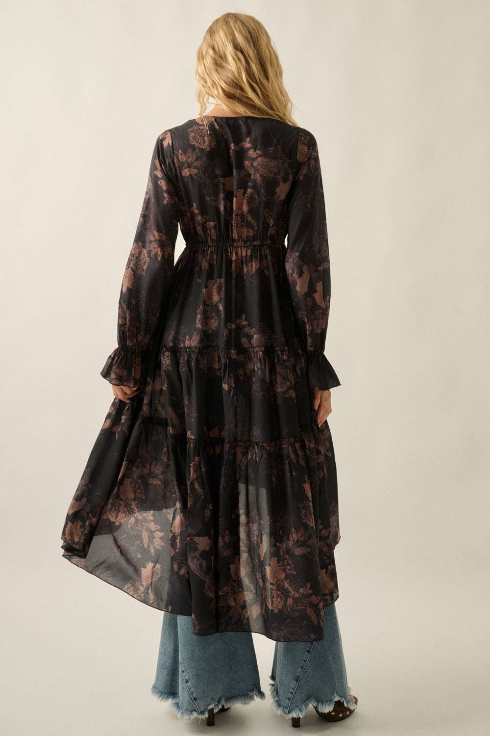 Floral Chiffon Ruffled Trumpet-Sleeve High-Low Midi Dress | Promesa
