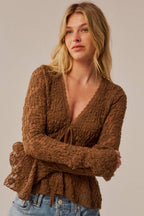 Floral Lace V-Neck Bell-Sleeve Empire-Waist Top | Promesa