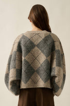 Argyle Plaid Knit Loose-Fit Dolman-Sleeve Sweater Grey | Promesa
