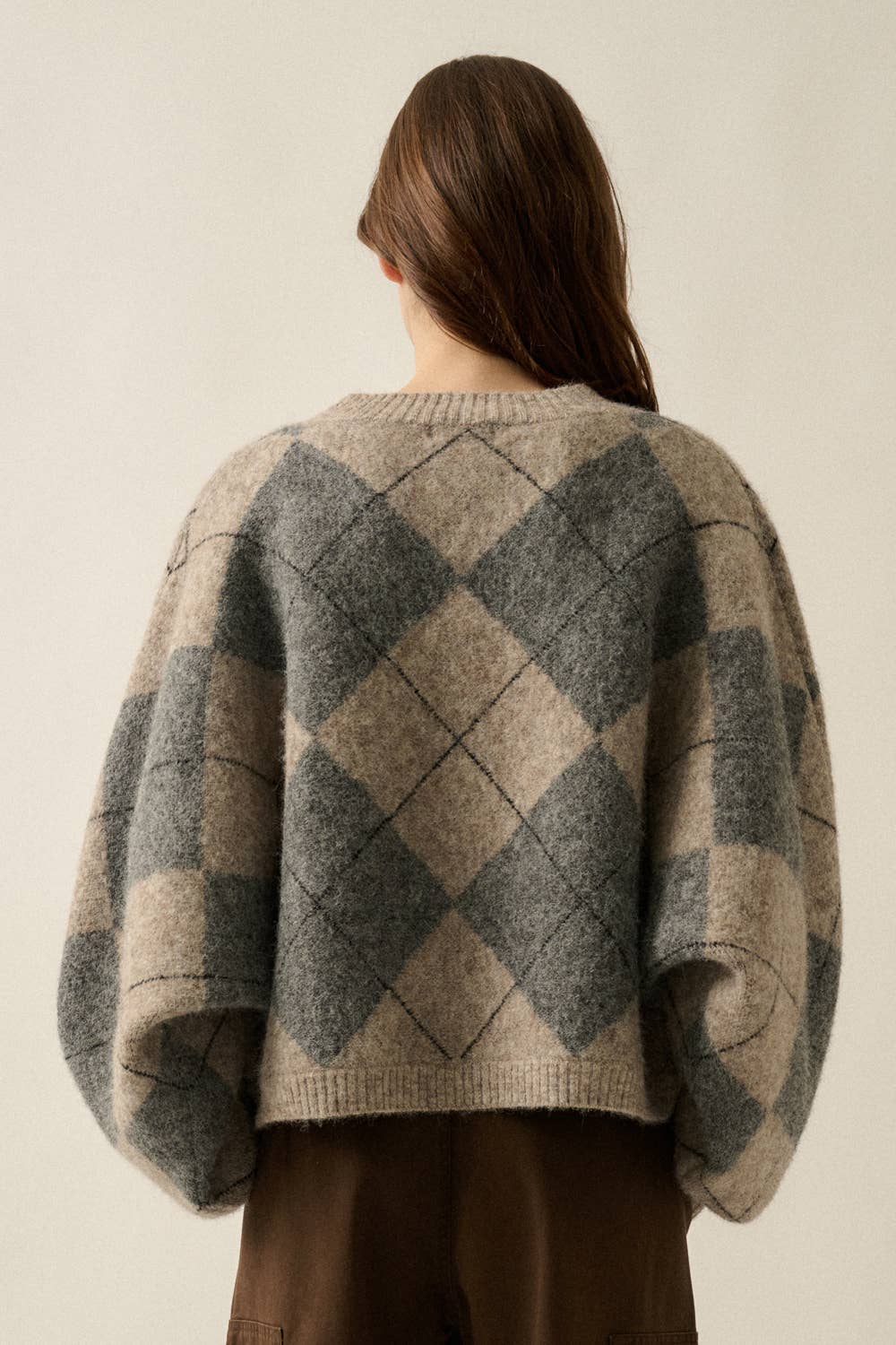 Argyle Plaid Knit Loose-Fit Dolman-Sleeve Sweater Grey | Promesa