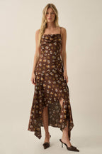 Floral Satin Asymmetrical Cowl-Neck Open-Back Maxi Dress | Promesa