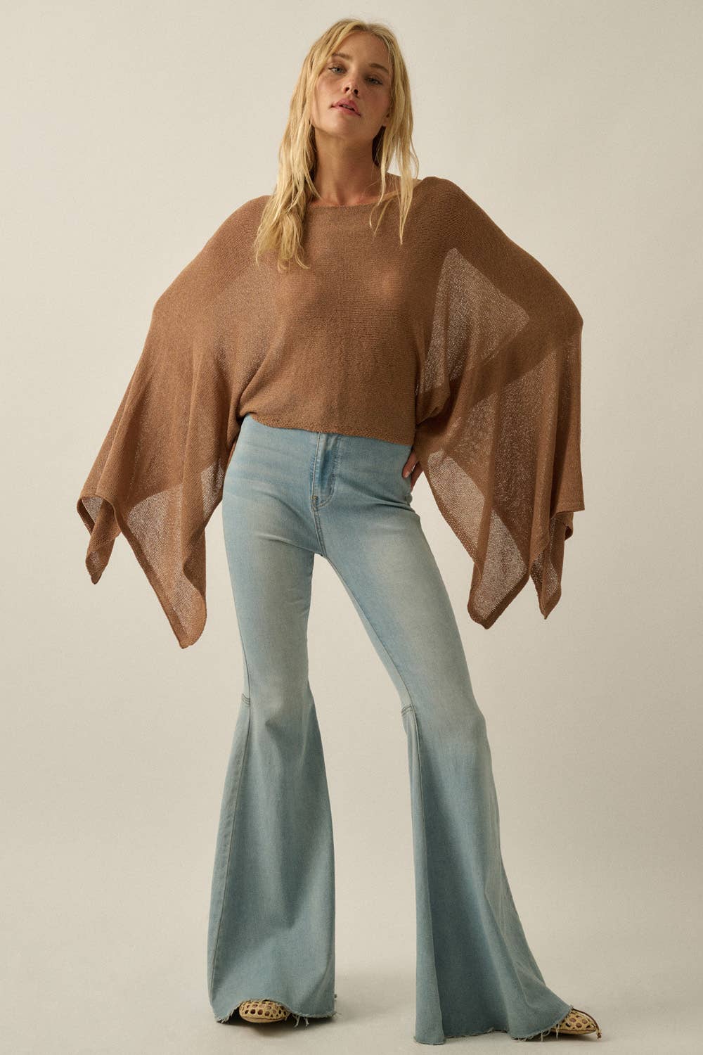 Sheer Lightweight Knit Cropped Poncho Sweater Taupe | Promesa