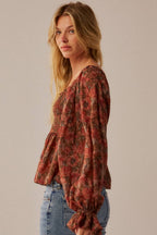 Floral-Print Sweetheart Smocked Peplum Peasant Top Olive | Promesa