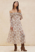 Floral Mesh Off-Shoulder Drop-Waist Midi Dress