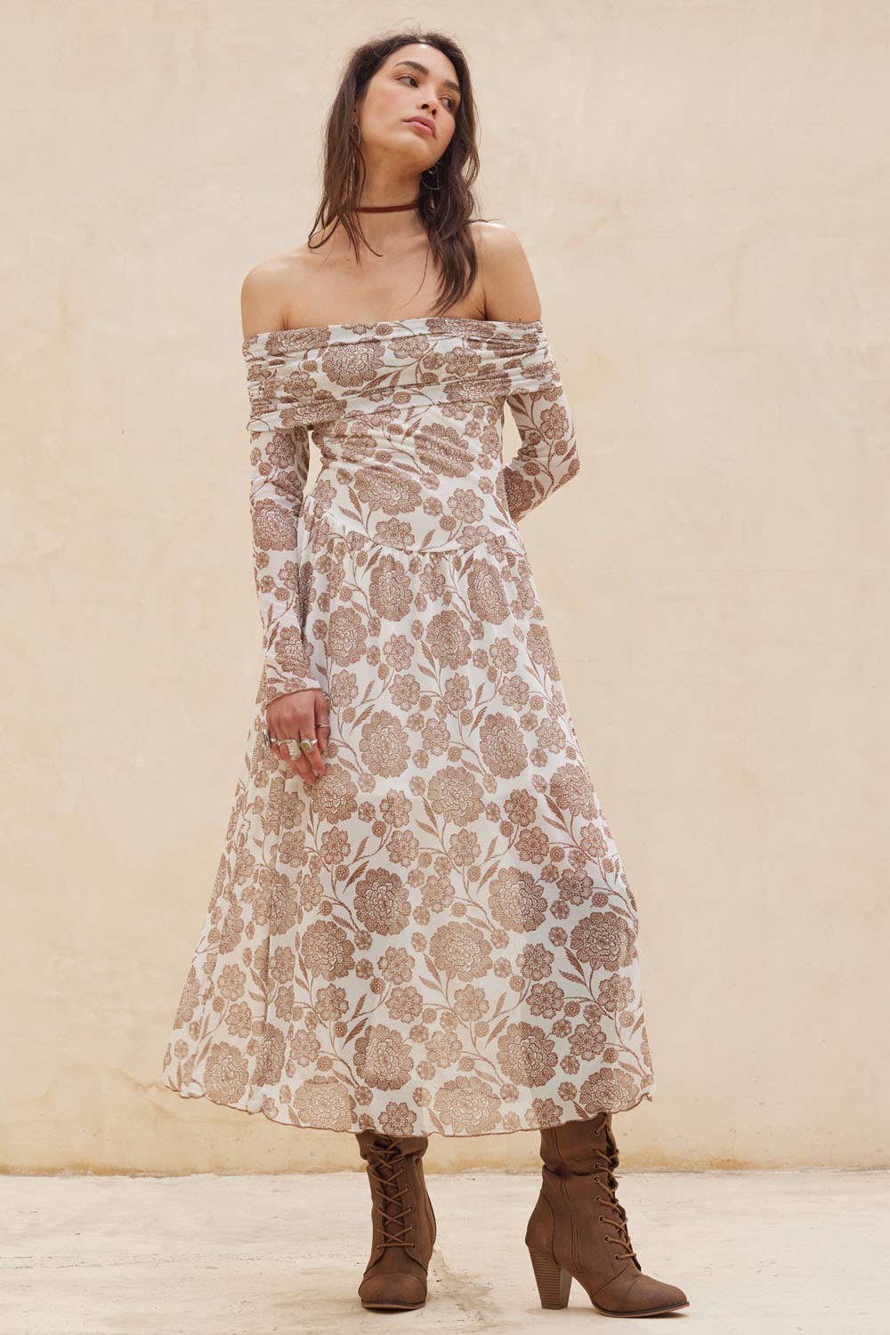 Floral Mesh Off-Shoulder Drop-Waist Midi Dress