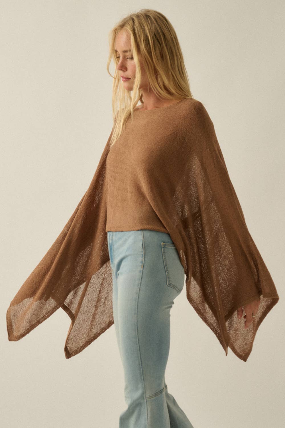 Sheer Lightweight Knit Cropped Poncho Sweater Taupe | Promesa